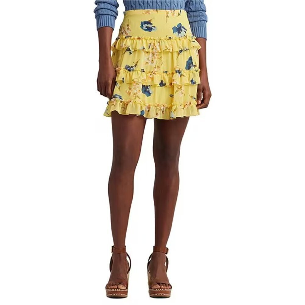 NWT Lauren Ralph Lauren Floral Ruffle-Trim Georgette Miniskirt in Yellow Multi